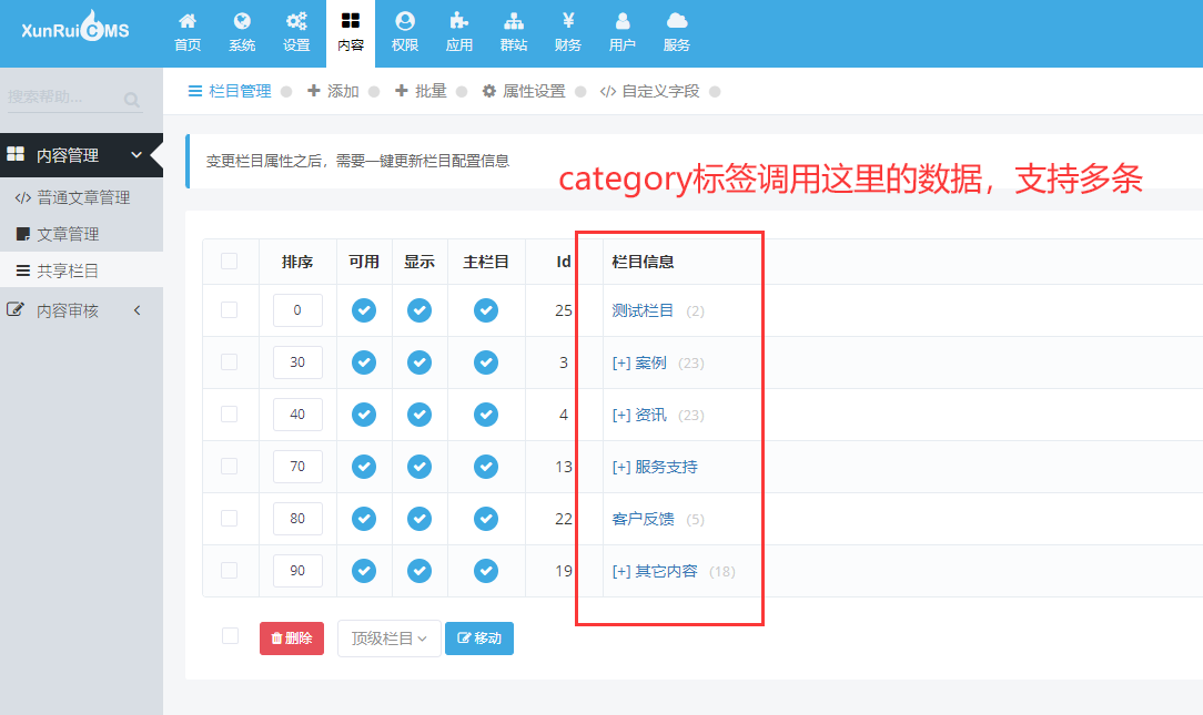 模块共享栏目列表循环 category标签